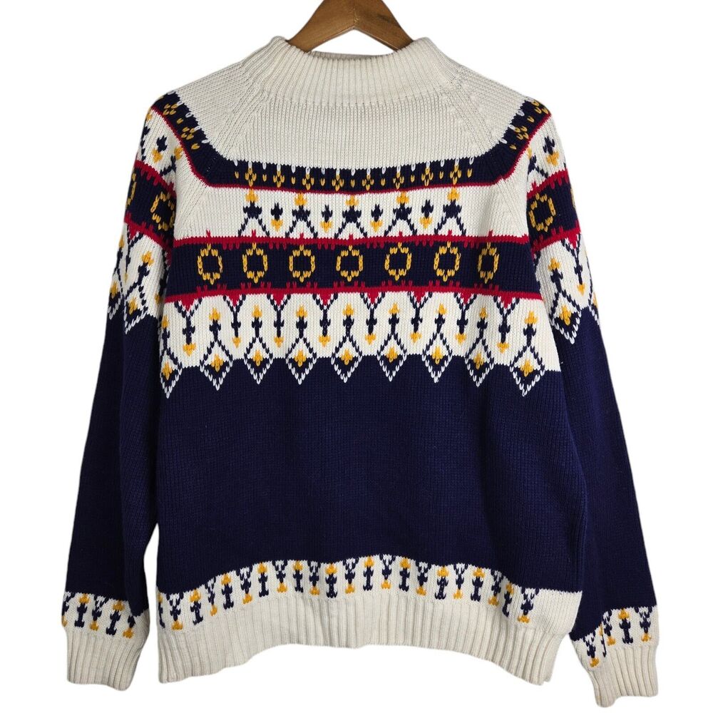 Vintage JC Penney Ivory Blue Red Yellow Mock Neck Nordic Fair Isle Sweater XL